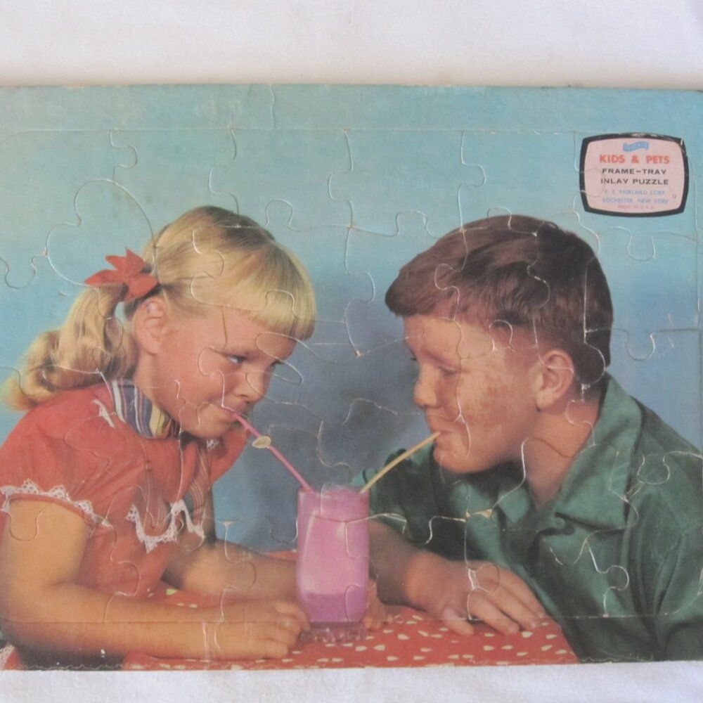 vintage Fairchild Frame Tray Puzzle: Brother & Sister sharing Milk Shake